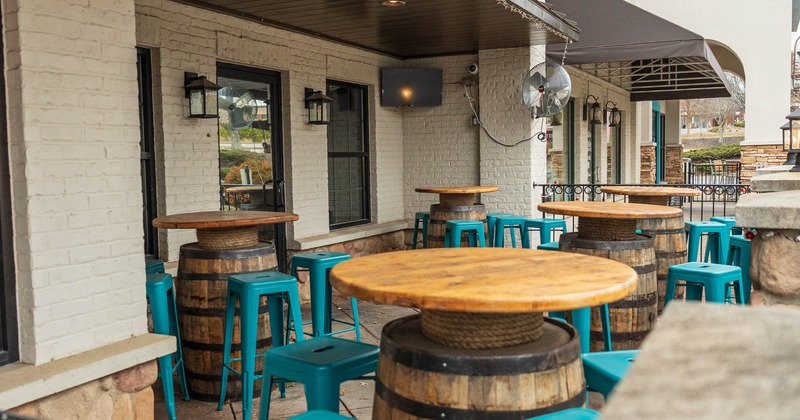 Exterior, barrel tables and bar stools