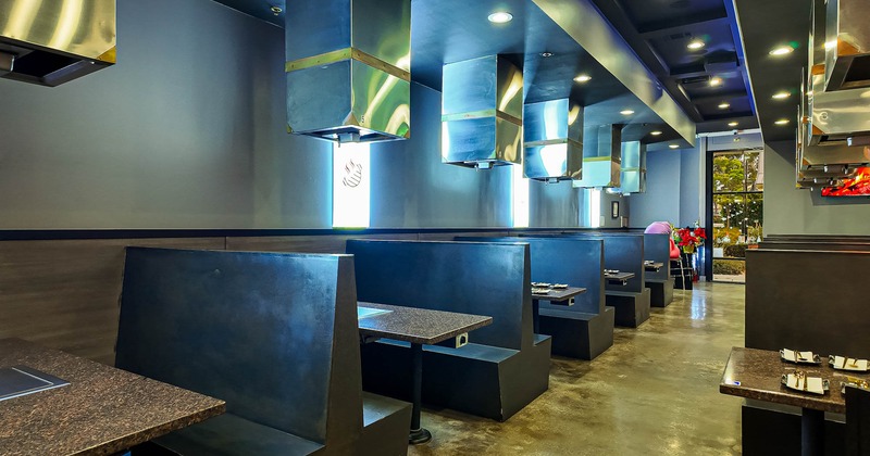 Interior, seating booths and tables