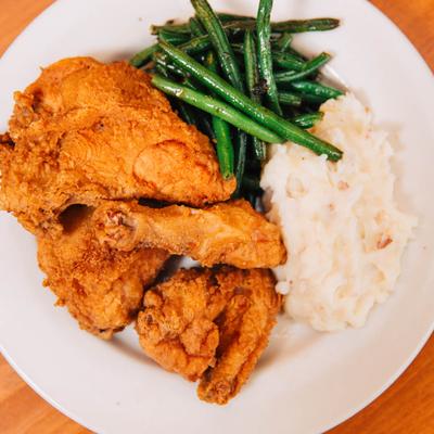 Fried Chicken with green beans and redskin mashed potatoes.