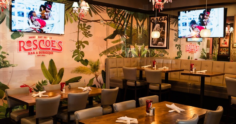 Interior, tables and chairs in dining area