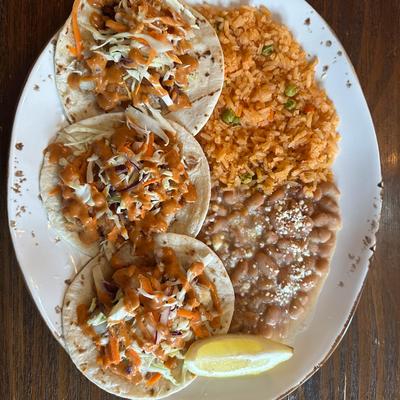Tacos, rice, and beans.