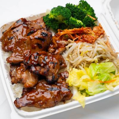 BBQ chicken over rice with broccoli, spicy kimchi, bean sprouts, and cabbage.