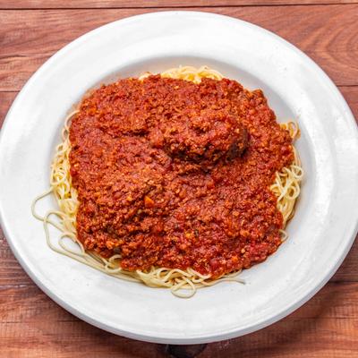 Spaghetti and meatballs in tomato sauce.