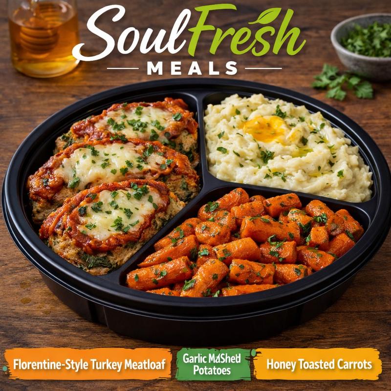 menu item 34 of 43, Florentine-Style Turkey Meatloaf | Garlic Mashed Potatoes | Honey Toasted Carrots