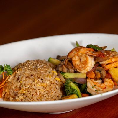 Spicy stir fry shrimp bowl.