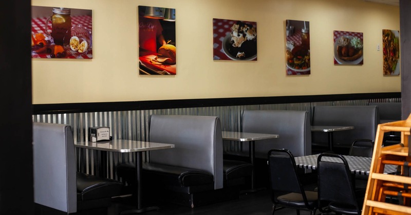 Inside, gray booth seating area