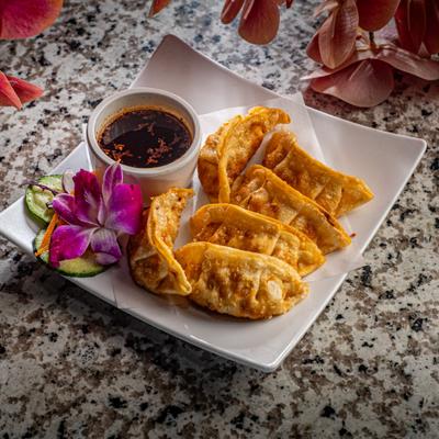 Crispy dumplings with dipping sauce.