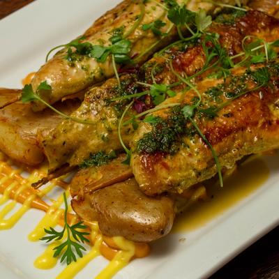 Anticucho skewered beef.