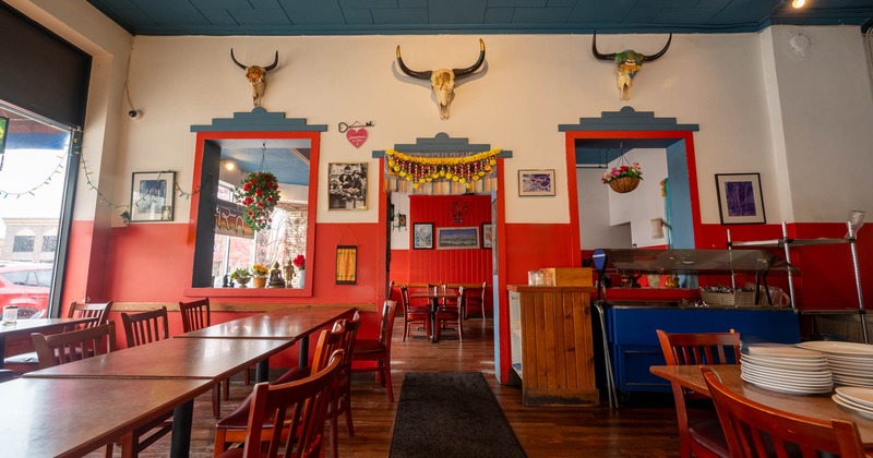 Interior, tables and chairs lined up