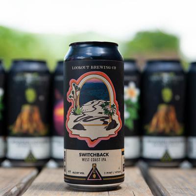 Craft beer can with an illustrated label and blurred cans in the background.