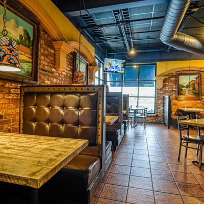 View at the booth with wall decorations.