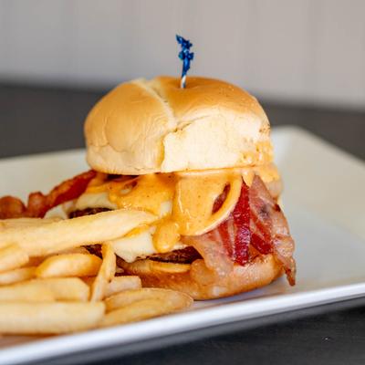 Bacon cheeseburger, and fries.
