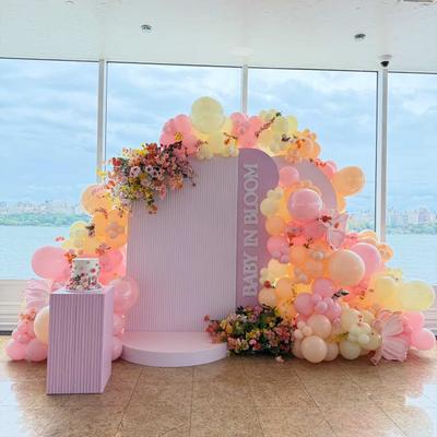 Pastel balloon display surrounding a celebration backdrop.