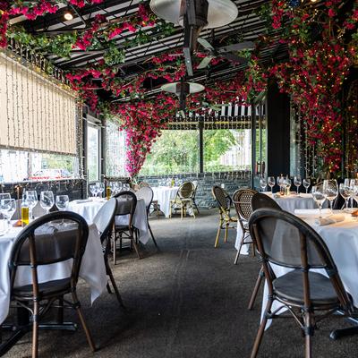 Covered patio, dining area.