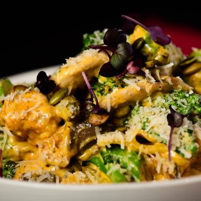 Vegetarian Pumpkin Pesto bowl, close up shot.