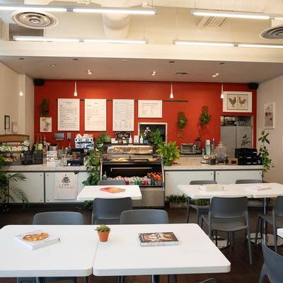 Cafe California Poppy interior, seating area and order counter.