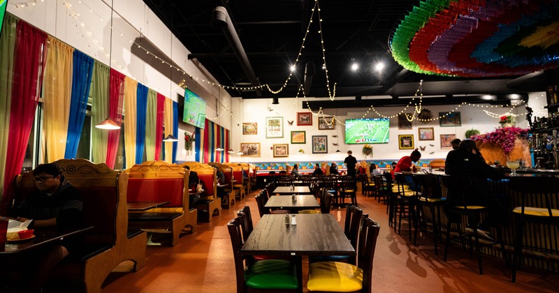 Interior, tables and chairs lined up