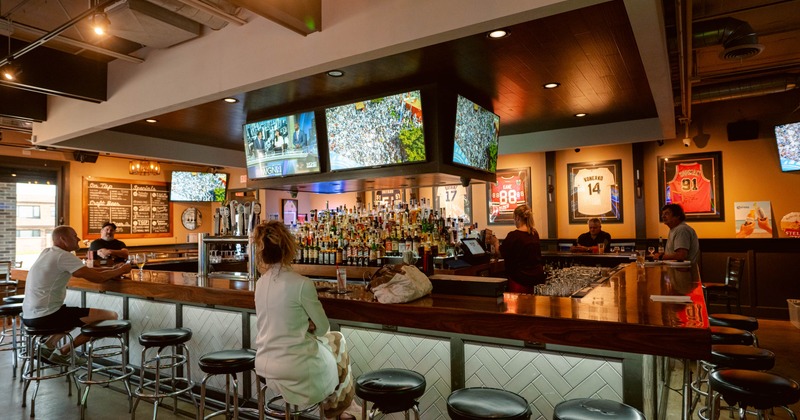 Interior, bar area, bar and bar stools