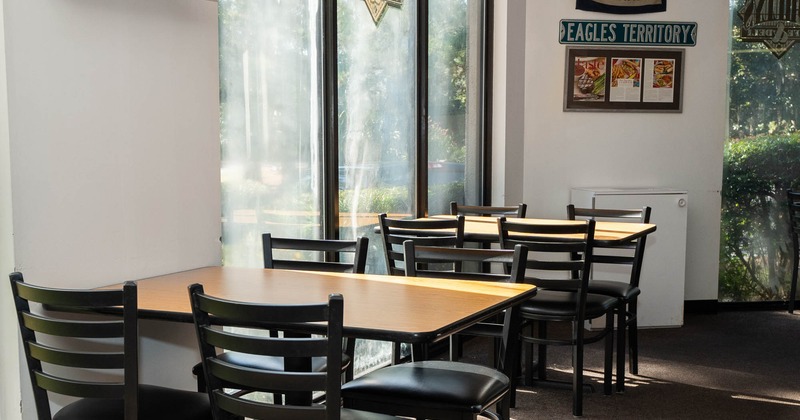 Interior, tables and chairs lined up