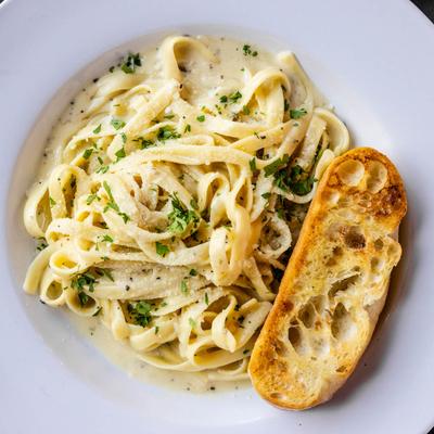 Fettucine Alfredo pasta, top view.