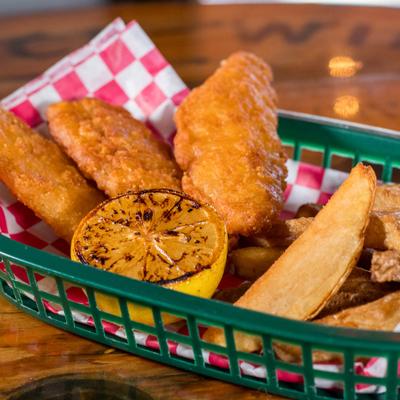 Beer Battered Fish, house made tartar sauce, and grilled lemon.