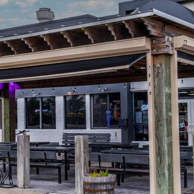 Exterior, a covered seating area.