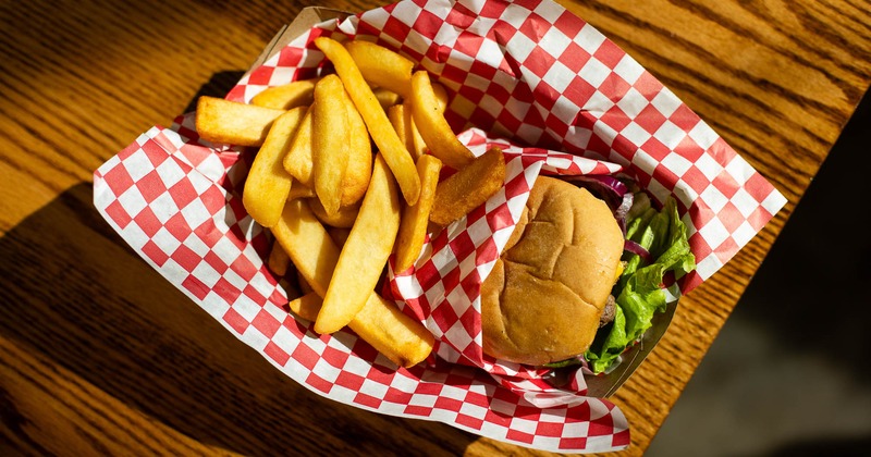 Burger and fries, top view