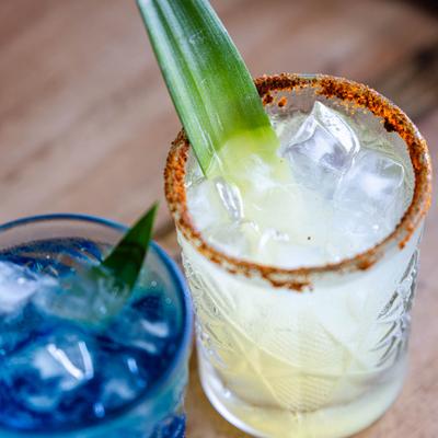 Served drinks, angled view.