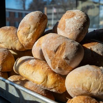 Pile of freshly baked bread rolls.