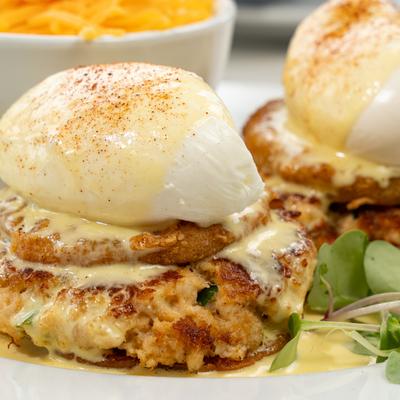 Crab Cake Benedict with Cheese Grits.