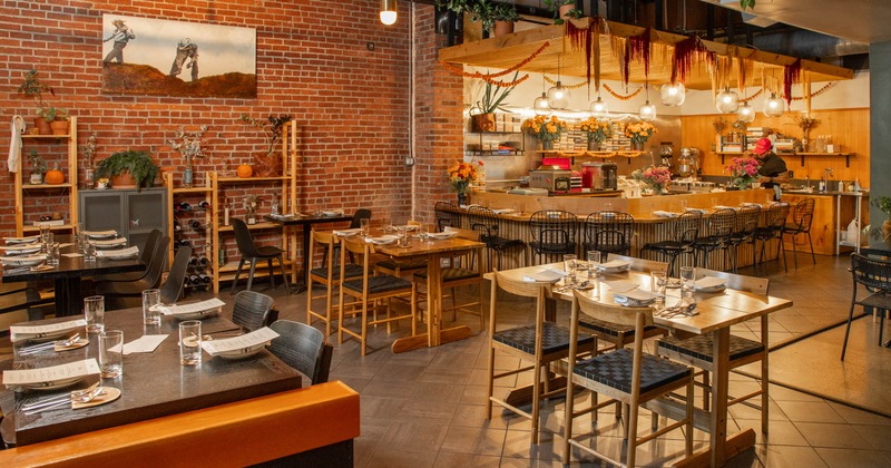 Interior, chairs and tables set and ready for guests