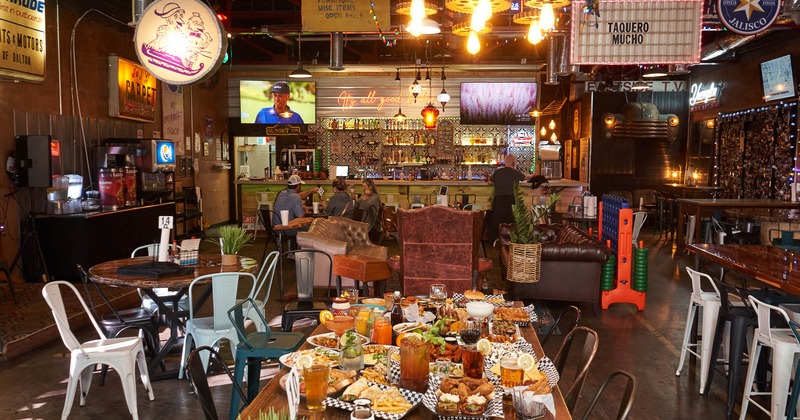 Interior, main seating area, table full of food