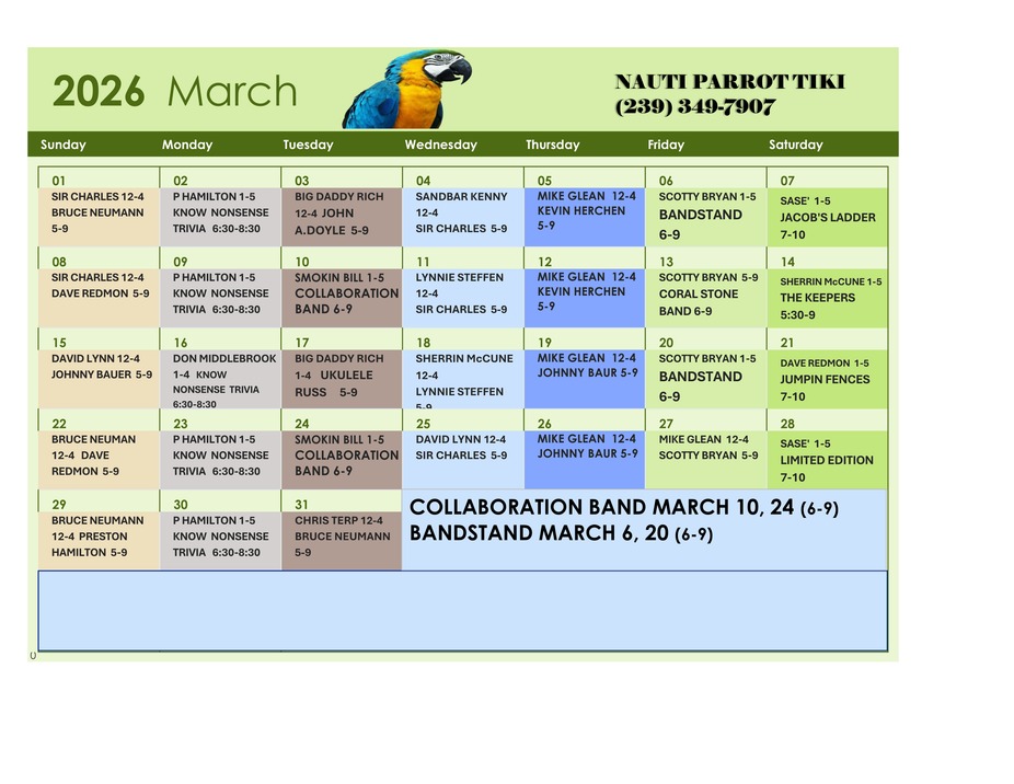 Tiki Hut Events Calendar 