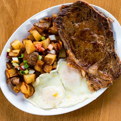 Steak and eggs.