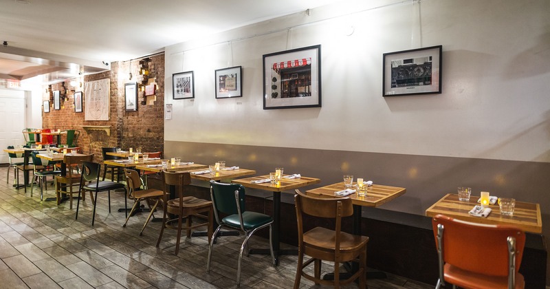 Interior, set tables lined up in the dining area
