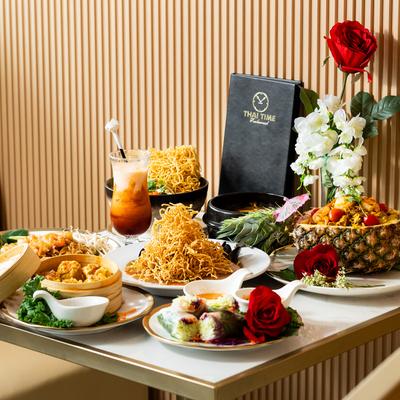 Various meals on the table.