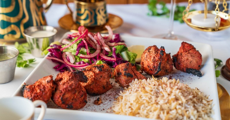 Chicken Tikka Kabob with rice and salad