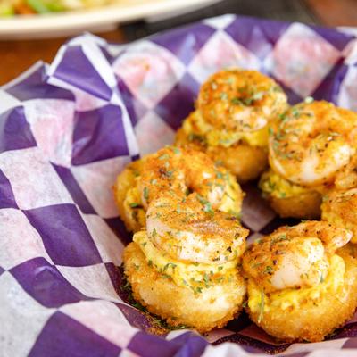 Fried Deviled Eggs With Shrimp, close-up.
