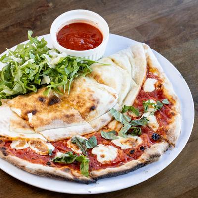 Half calzone, half Margherita pizza.