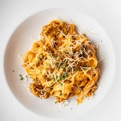 Fettuccine pasta, with Italian sausage, crab meat, parmesan, and vodka sauce.