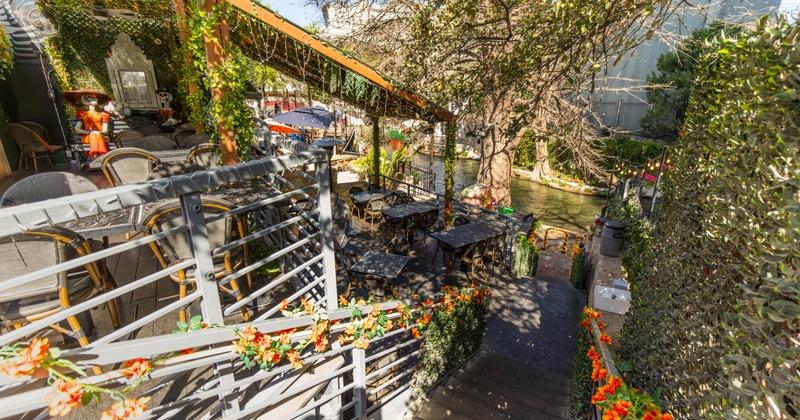 Exterior, partially covered seating area, terrace, tables with chairs, ready for guests