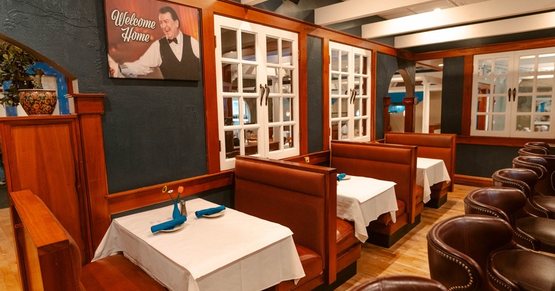 Interior, tables and seating booths lined up
