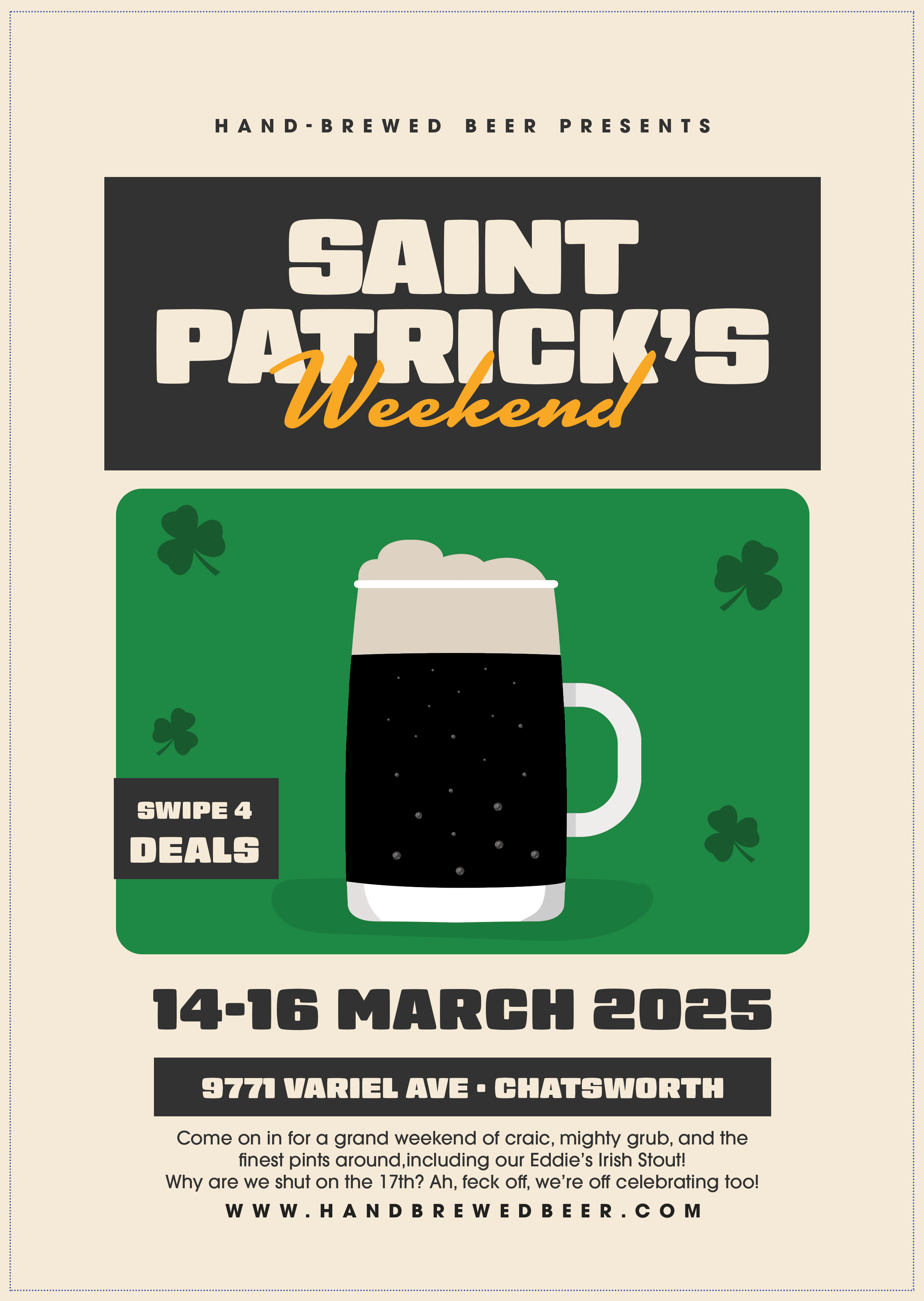 Flyer for Saint Patrick's weekend March 14 through 16