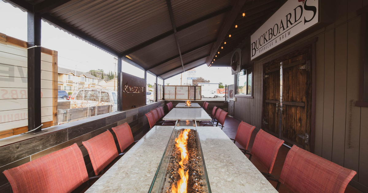 Exterior, patio tables with fireplace