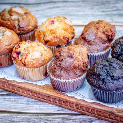 chocolate, cinnamon chip, cranberry and blueberry muffins.