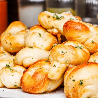 Garlic knots, close up.
