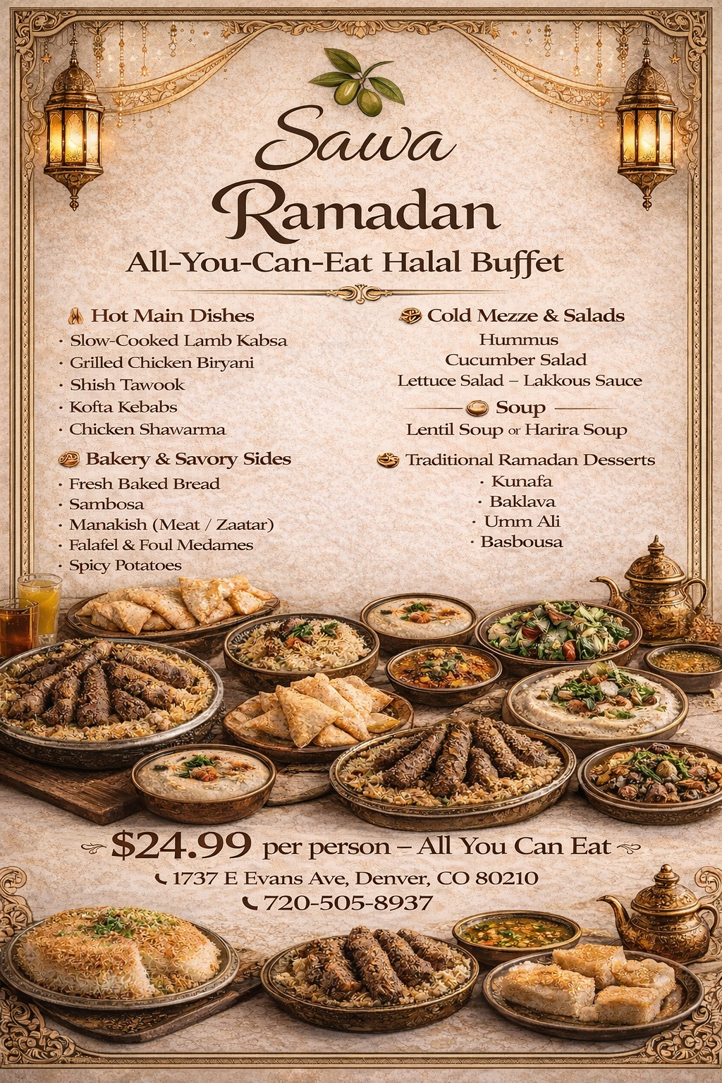 An image of a Ramadan buffet menu featuring Middle Eastern dishes, pricing, and restaurant details