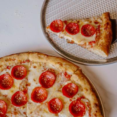 Pepperoni pizza, top view.