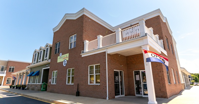 Exterior, angle view to restaurant, entrance, terrace above