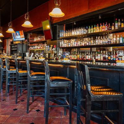 Interior, bar, bar stools, drink rack.
